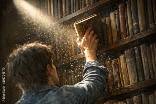 A person trying to grab a book from a stacked shelf