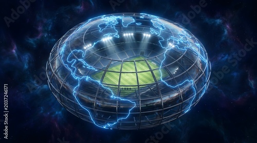 Metaverse Sports Architecture Holographic Earth Globe Enclosing Virtual Football Stadium