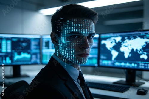 Businessman with digital face overlay