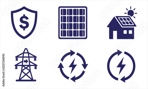 Solar Energy and Renewable Energy solid icon set. Includes symbols for Solar Panel, Smart Grid, Net Zero, and EV Charging. Solid vector icons for sustainability and eco