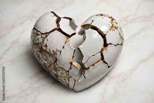 Broken Ceramic Heart with Golden Cracks on Marble Background
