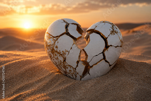 Broken Heart with Golden Cracks in Desert Sunset Landscape