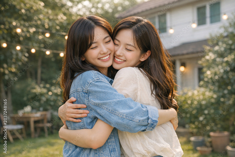 Fototapeta premium Two young women sharing a joyful embrace on a sunny day outside.