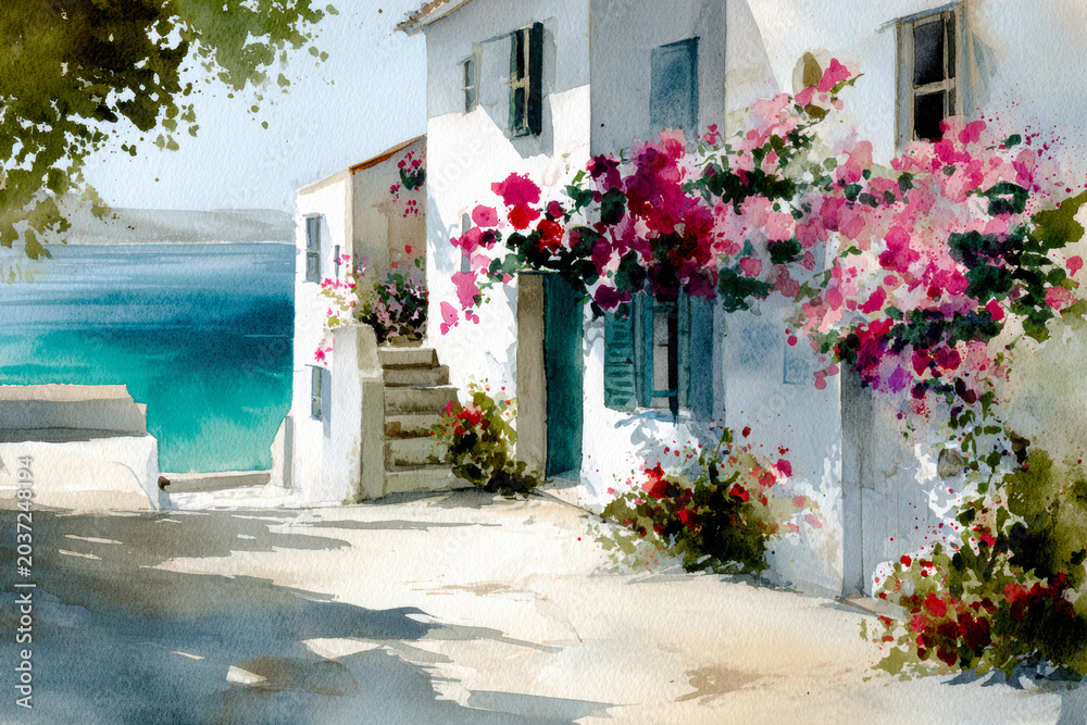 Fototapeta premium Mediterranean Coastal Watercolor – AI Generative
