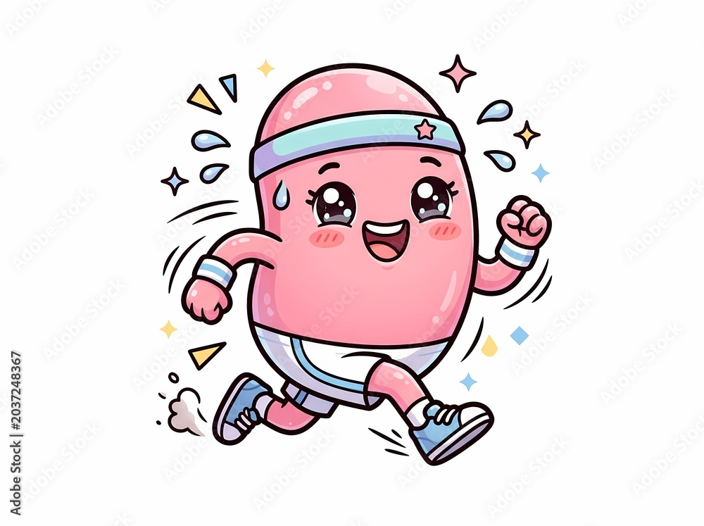 Fototapeta premium Cute Cartoon Kidney Character Running and Exercising.