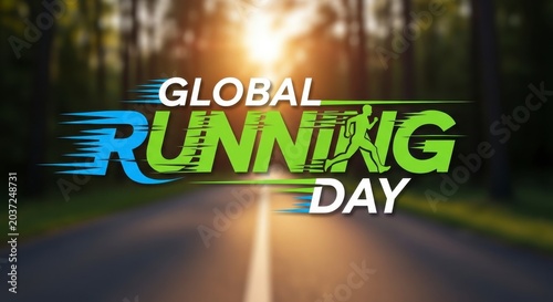 Global running day banner with motion effect on road