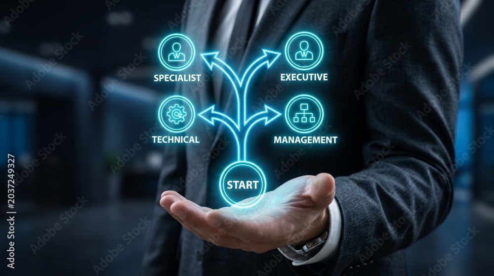Fototapeta premium Businessman presenting career path options on his palm with glowing blue icons and arrows in a modern office setting with a blurred background