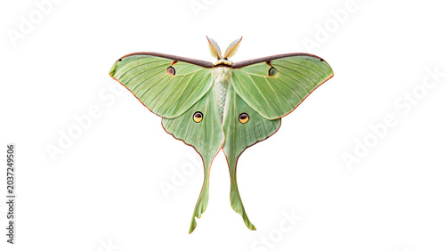Tableau sur toile Beautiful green luna moth insect opening wings macro isolated on transparent bac