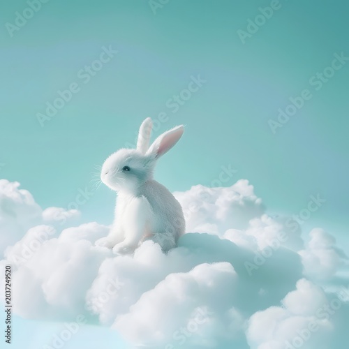 adorable bunny sitting on cloud with blue sky background, soft shadows, dreamy pastel tones, minimal aesthetic, high resolution 
