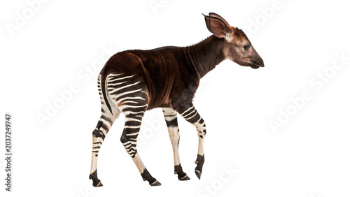 Картината върху платно Full length profile view of wild okapi animal walking isolated on transparent ba