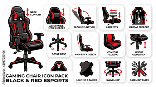 Gaming Chair Icon Pack: Black & Red Esports Ergonomic Office Furniture Features