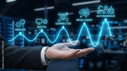 Businessman presenting futuristic digital technology concepts with glowing blue icons and graphs in a modern office environment with a blurred background