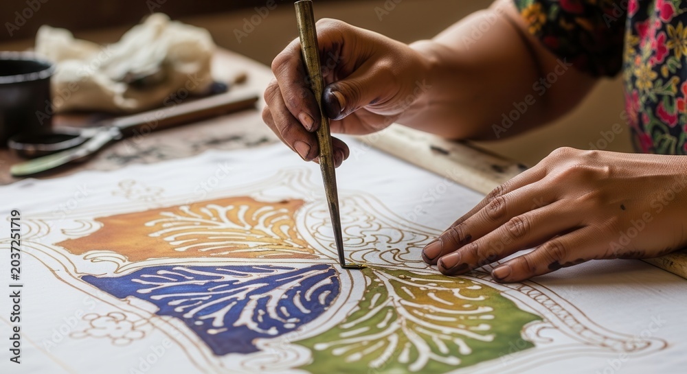 Fototapeta premium Artists Hands Applying Paint to Fabric with Intricate Pattern.