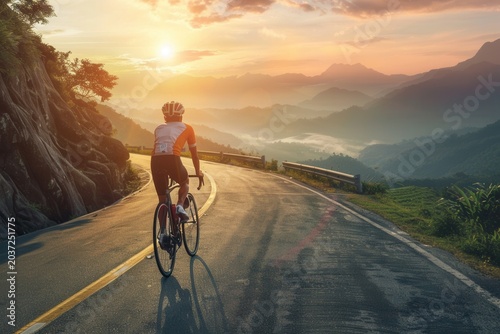 Cyclist rides winding road at sunrise