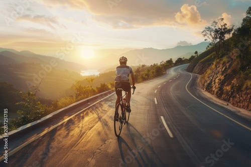 Cyclist rides alone on winding mountain road