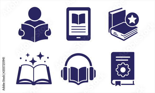 Book Solid Icon Set. Reading, Education, Library, Knowledge, Textbook, Learning, Literature, Diary, Ebook, Bookstore.