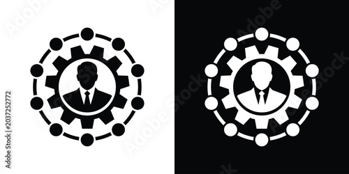 Fotografía Businessman silhouette inside a gear wheel surrounded by a network loop