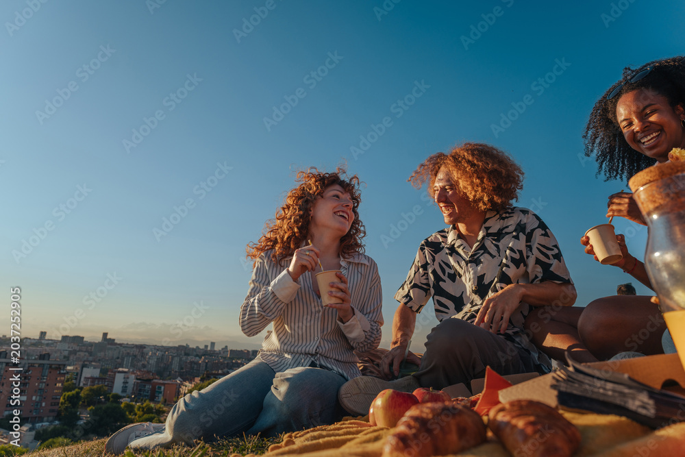 Naklejka premium Diverse friends enjoying a picnic on a hill overlooking city