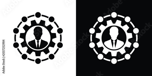 Fotografie Businessman silhouette inside a gear wheel surrounded by a network loop