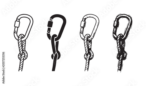 Canvastavla Four illustrations of a climbing carabiner with a vertical rope tied in a stopper knot at its base, in different drawing styles