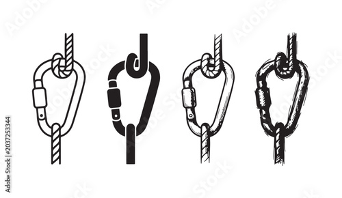 Foto Four illustrations of a carabiner linked to a vertical rope, showing various artistic renditions from clean outline to textured sketch