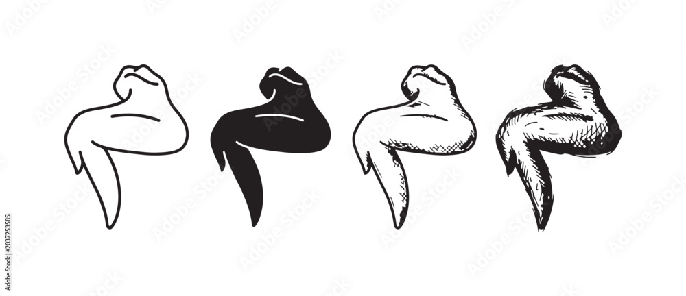 Obraz premium Single Chicken Wing (Drumette or Flat) Facing Right Icon Set in Line Art, Silhouette, Etching, and Sketch Styles