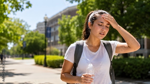 Young woman walking outdoors and wiping sweat during severe summer heat