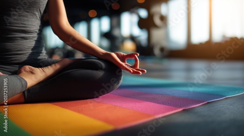 A person sits in lotus meditation pose with hands resting in gyan mudra on a vibrant rainbow-colored yoga mat in a sunlit fitness studio