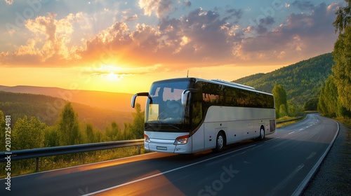 White tour bus travels along scenic mountain highway during golden sunset with dramatic clouds painting the sky above forested hills, evoking freedom and adventure of road travel.