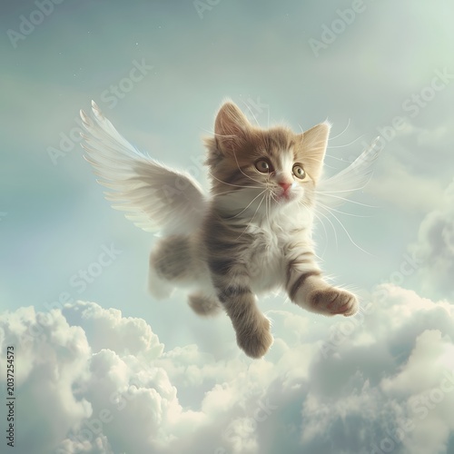 adorable kitten flying in the sky with tiny wings, surrounded by clouds and soft blue tones, fantasy cute style, minimal composition, high detail