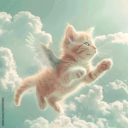 adorable kitten flying in the sky with tiny wings, surrounded by clouds and soft blue tones, fantasy cute style, minimal composition, high detail