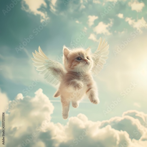 adorable kitten flying in the sky with tiny wings, surrounded by clouds and soft blue tones, fantasy cute style, minimal composition, high detail