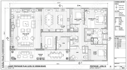 Foto Detailed luxury penthouse floor plan with furniture layout