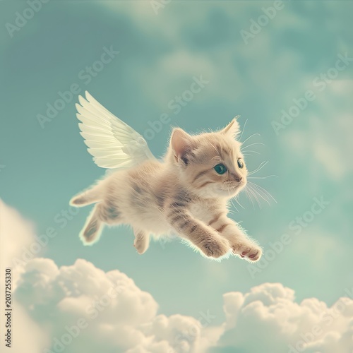 adorable kitten flying in the sky with tiny wings, surrounded by clouds and soft blue tones, fantasy cute style, minimal composition, high detail