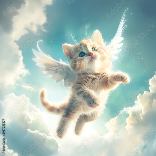 adorable kitten flying in the sky with tiny wings, surrounded by clouds and soft blue tones, fantasy cute style, minimal composition, high detail