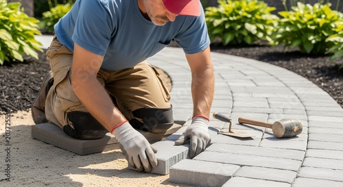 Man installing grey paver stones for outdoor pathway landscaping