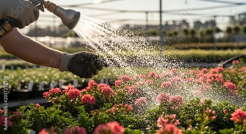 Gardener watering vibrant blooming flowers in sunny commercial nursery with spray hose