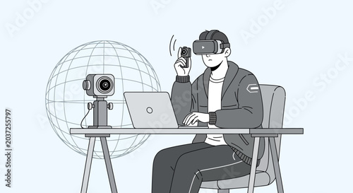 Man with VR headset and camera at desk with laptop, 360 camera and globe