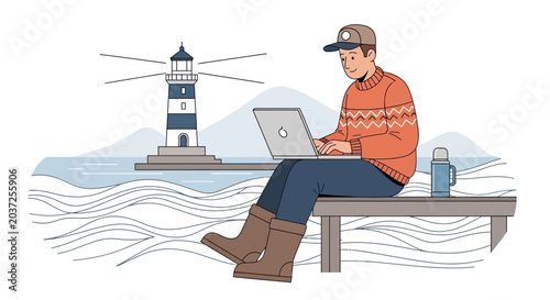 Man with laptop and thermos by a lighthouse, remote work on the coast.