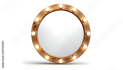 Circular vanity mirror with warm illuminated light bulbs around the edge, casting a soft glow, perfect for beauty and backstage settings