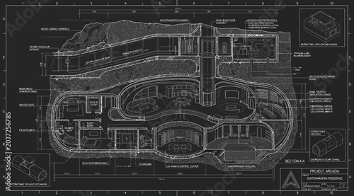 Foto Detailed architectural floor plan blueprint of a futuristic subterranean base