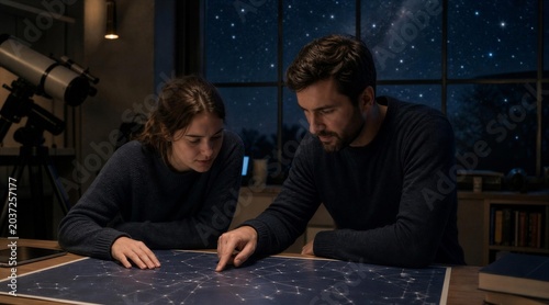 Couple Analyzing Star Map for Astronomy Research at Night