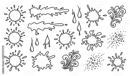 Foto Black outline ink splash and splatter vector set with sketch style liquid stain