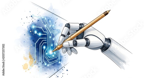 White robotic hand holding a traditional wooden qalam reed pen drawing glowing digital circuit patterns on a blue watercolor background, conceptual fusion of art and technology.