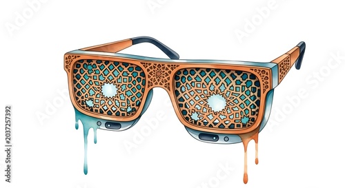 Futuristic smart glasses with intricate mashrabiya geometric patterns on lenses and frames, featuring teal and orange paint dripping effects, isolated on a white background.