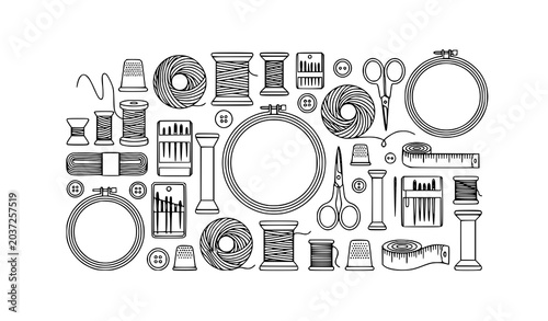 Bild auf Leinwand Black outline sewing thread spool and bobbin vector set with tailoring knitting