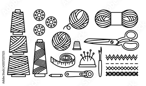 Tableau sur toile Minimal black sewing spool bobbin and yarn outline vector collection for tailori