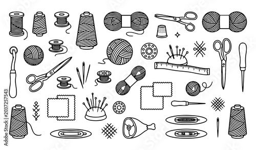 Fotografía Monochrome sewing thread and yarn spool outline vector illustration with tailori