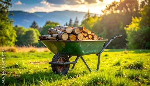 Wheelbarrow loaded with firewood in field.