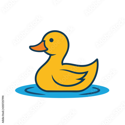 Cute yellow rubber duck floating in blue water vector illustration.